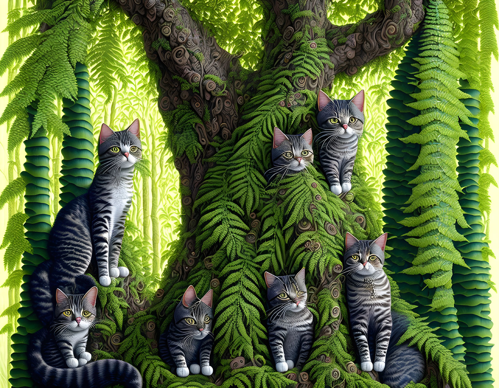 Illustration of multiple grey tabby cats in lush green environment