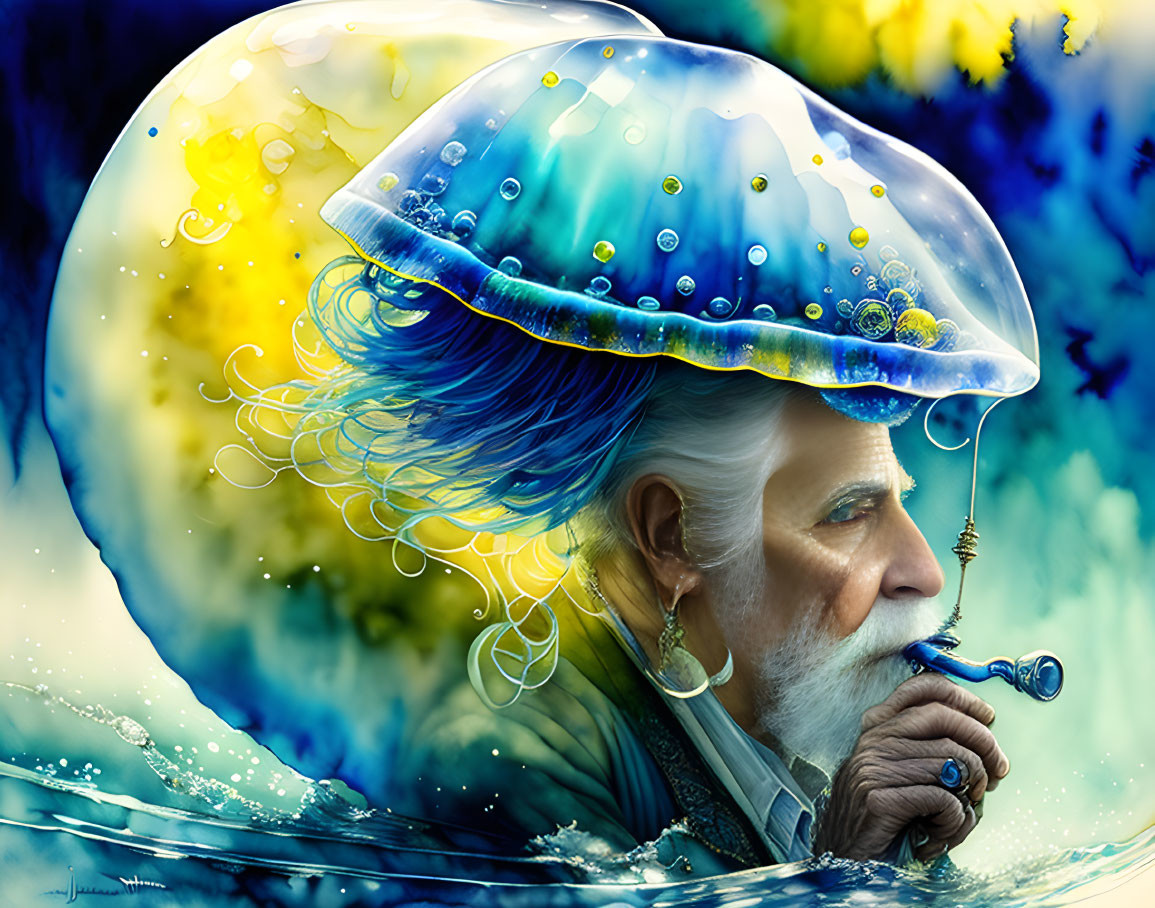 Portrait of an elder man with aquatic elements and jellyfish hat on vibrant backdrop