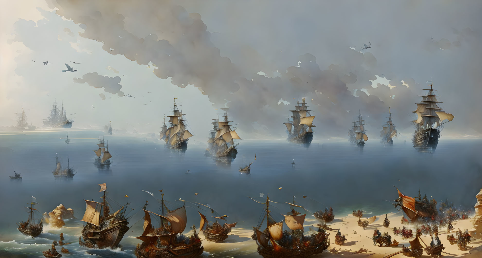 Dramatic naval battle scene with tall ships, smoke, ocean, and hazy sky