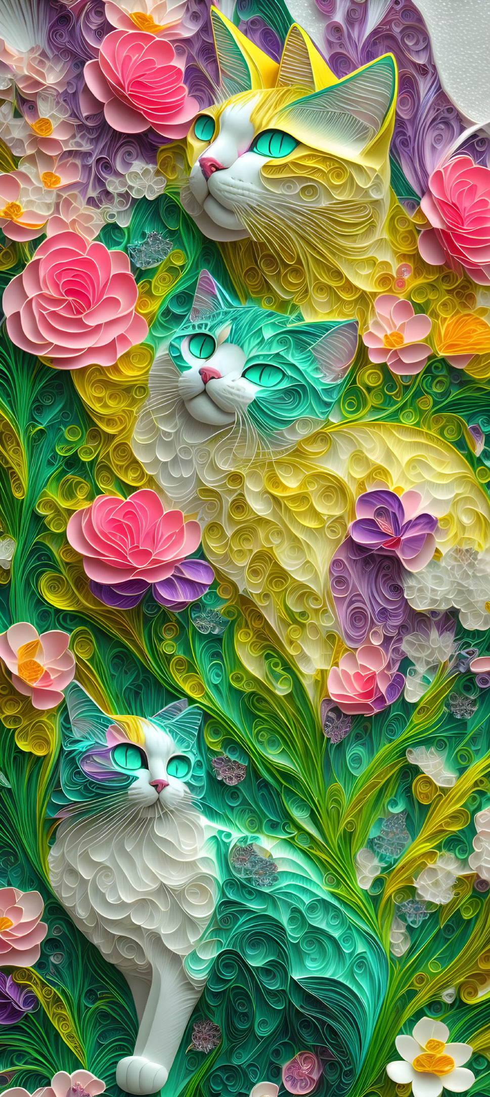 Colorful Floral Patterned Cats on Textured Background