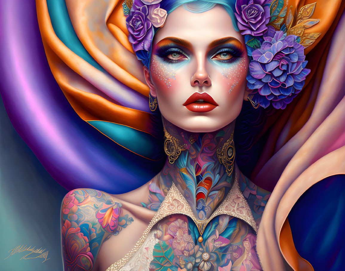 Colorful portrait of a woman with blue eyes and floral tattoos on a vibrant backdrop