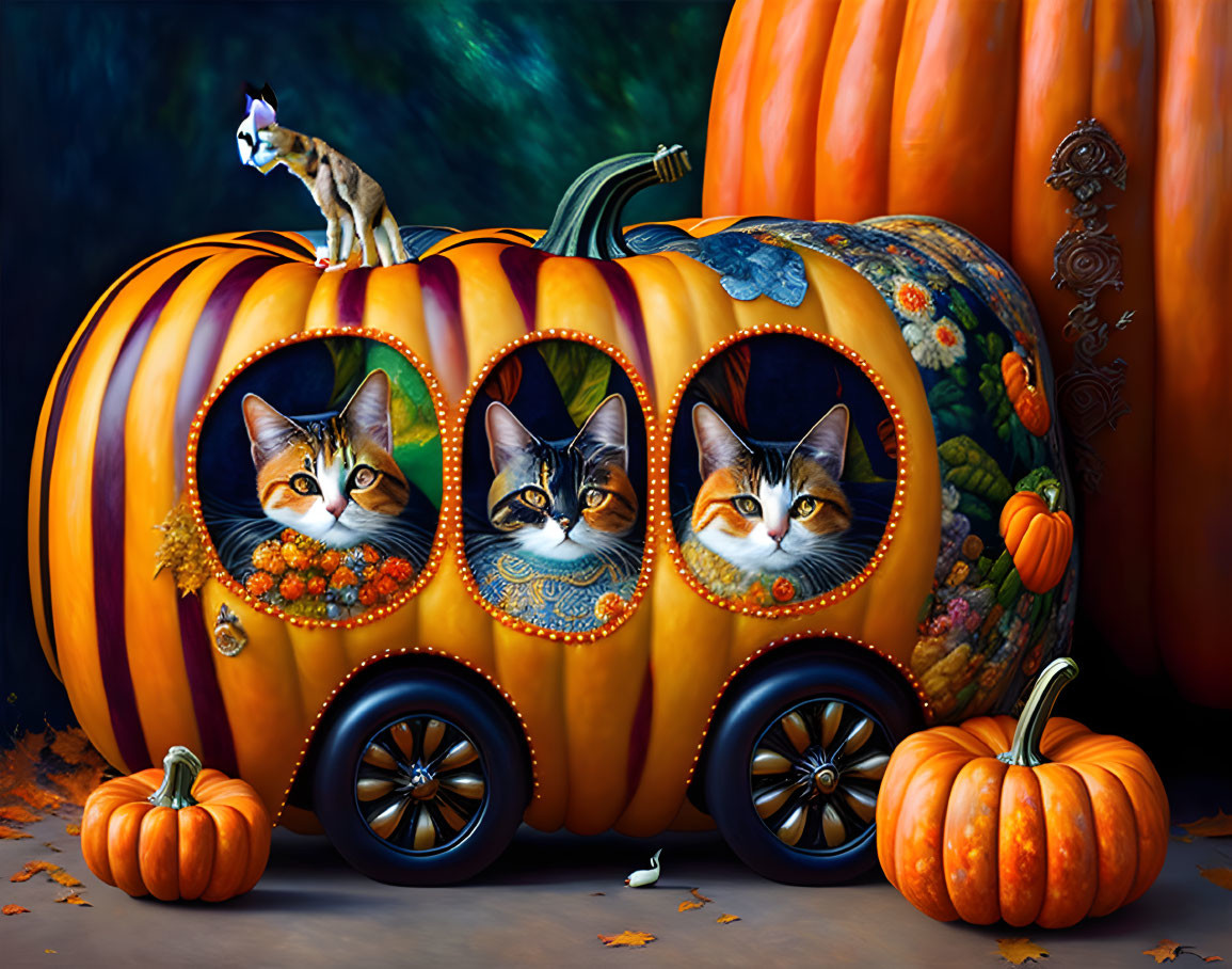 Illustration of pumpkin car with cats and wheels