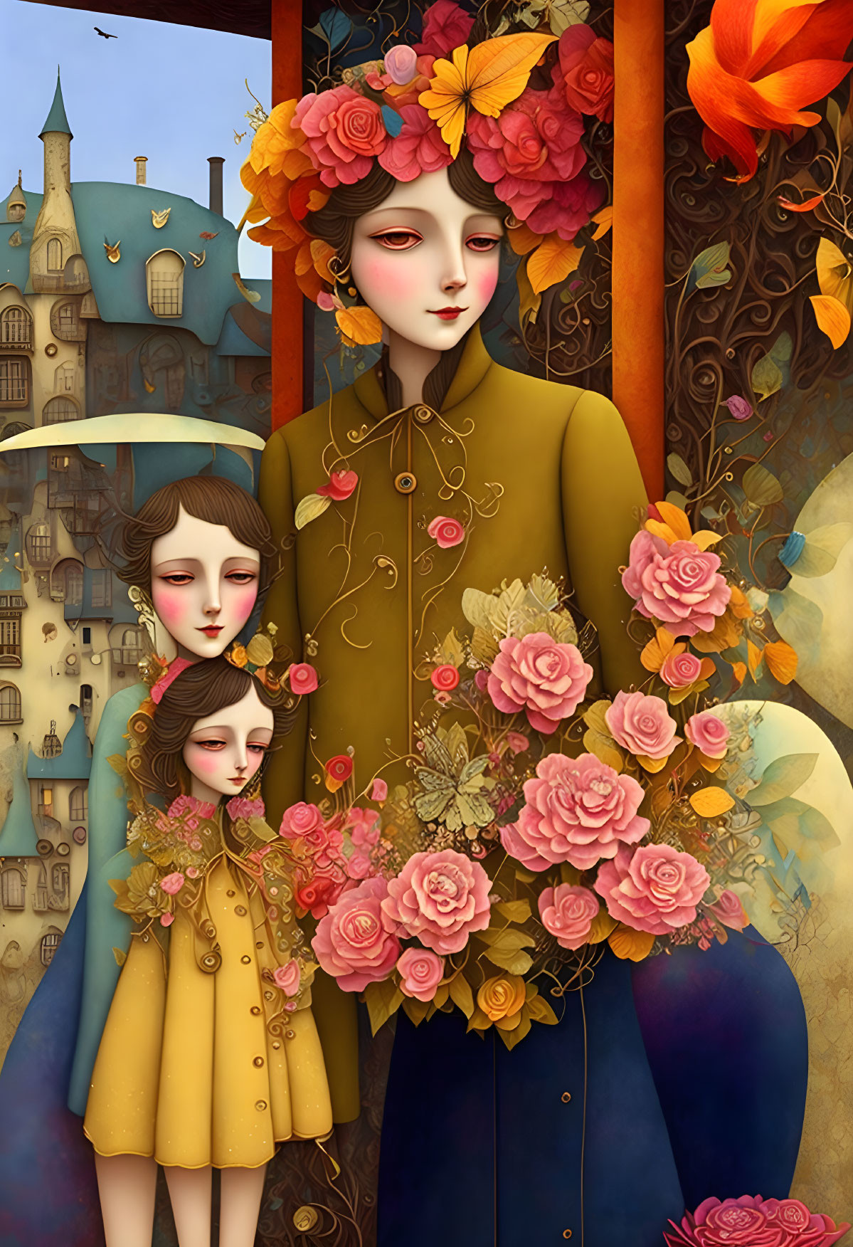 Colorful Stylized Artwork with Floral Motifs and Intricate Details