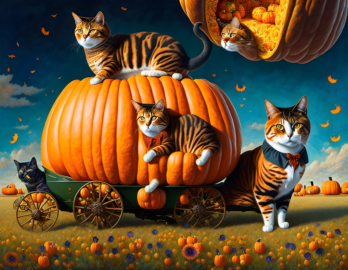 Four Cats and Pumpkin on Wagon with Autumn Background