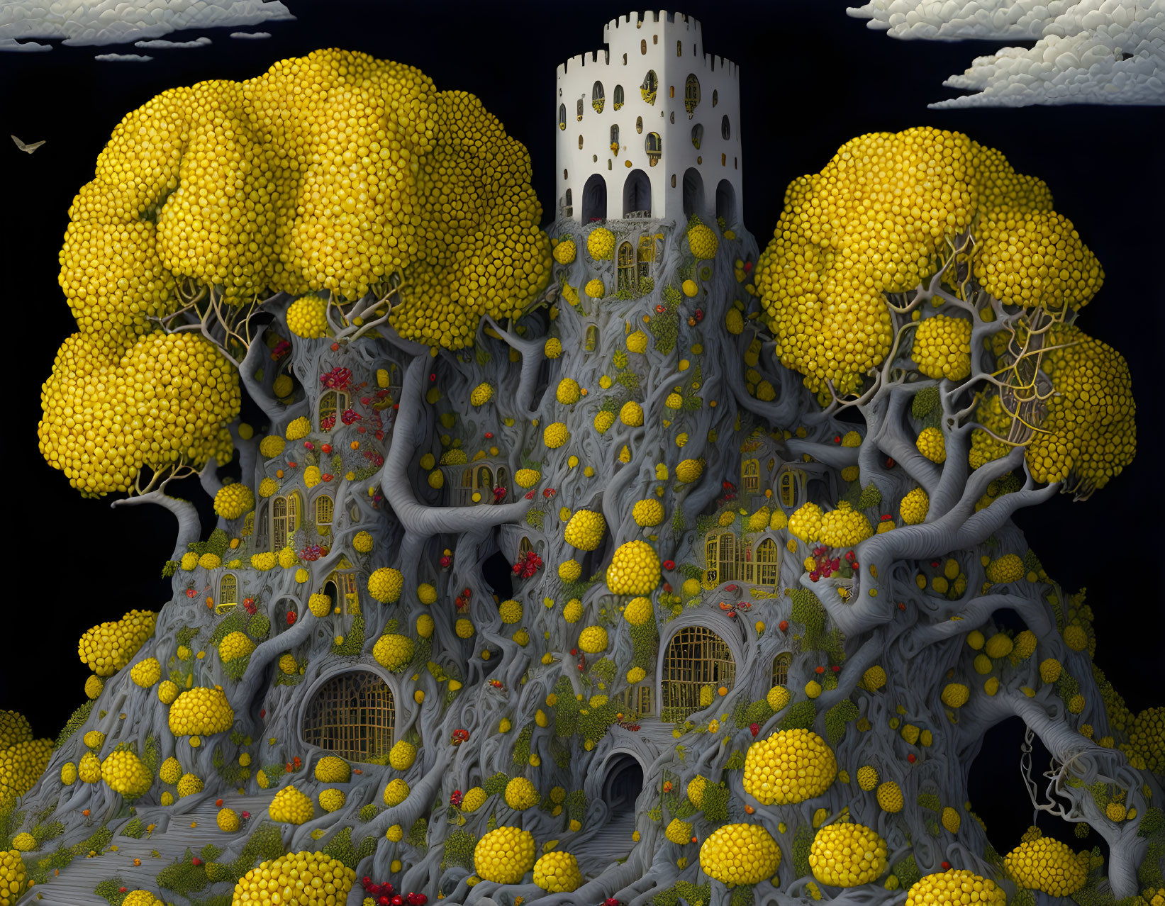 Fantasy tree with castle, yellow foliage, whimsical details under starry sky