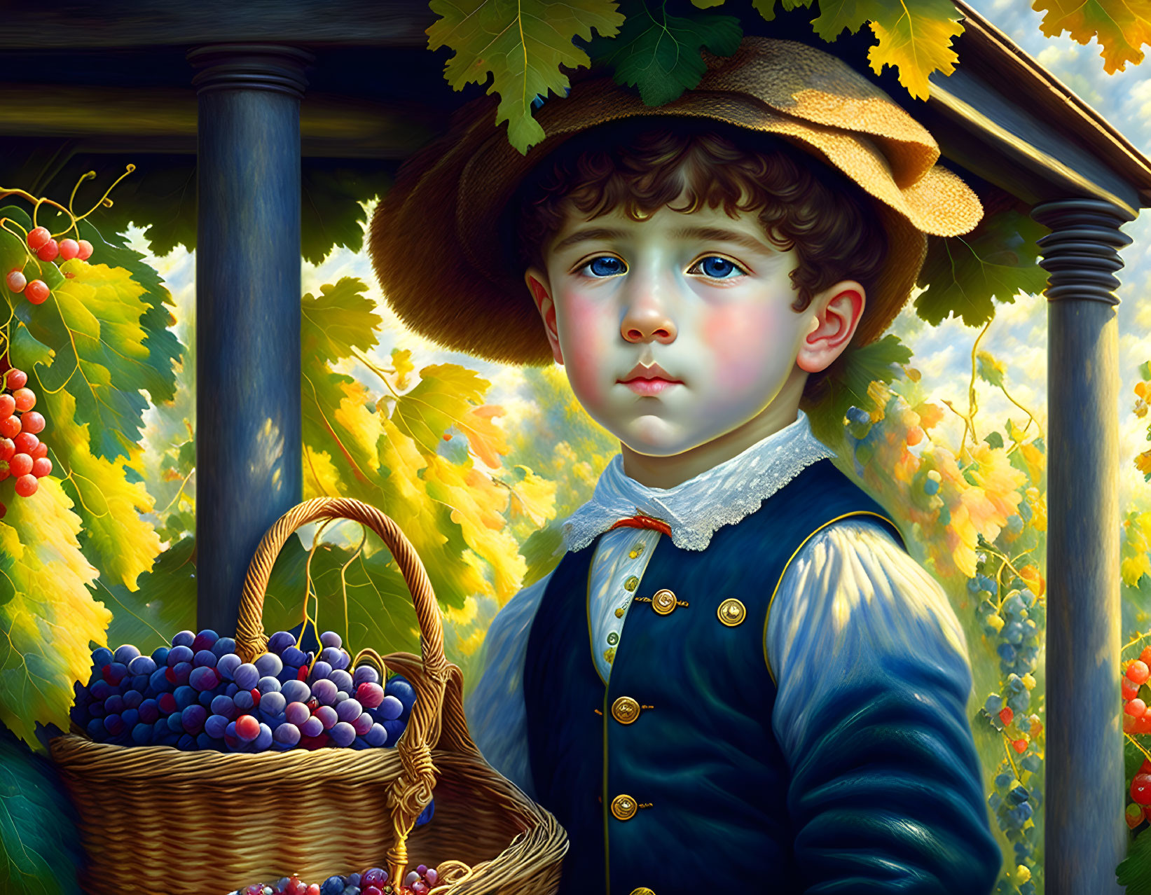 Vintage clothing child with grapes in painting.