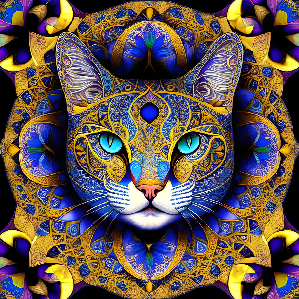 Colorful Stylized Cat Artwork with Blue and Gold Patterns