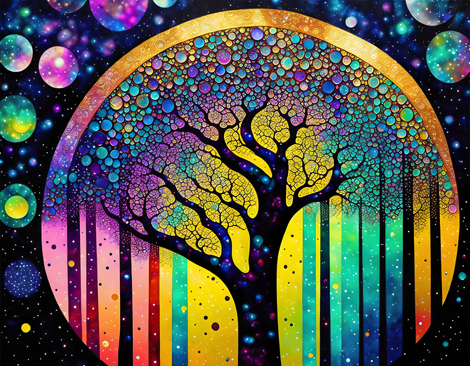 Colorful Stylized Trees Against Cosmic Backdrop