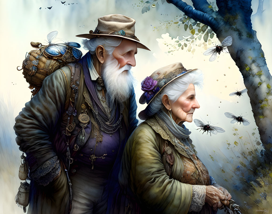 Elderly Couple in Steampunk Attire with Mechanical Insects