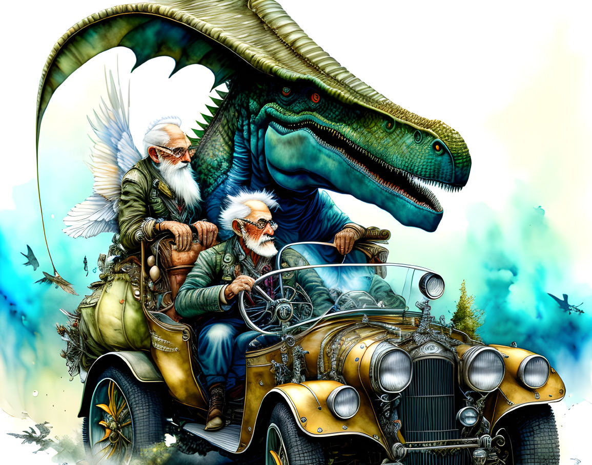 Elderly man with beard drives classic car with winged dinosaur amidst warplanes