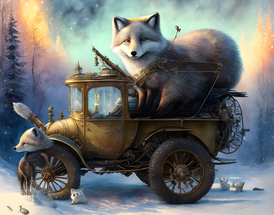 Anthropomorphic foxes in vintage car driving through snowy landscape