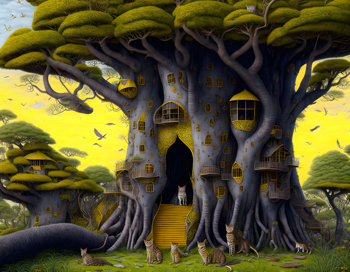 Fantasy illustration: large whimsical tree with yellow windows and doors, surrounded by smaller trees, and