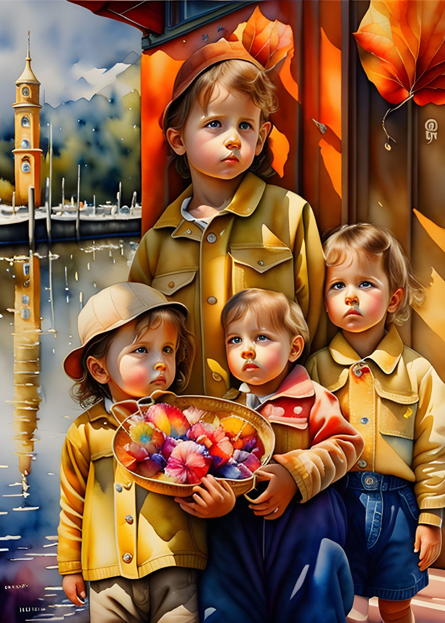 Three children in autumn clothes with flower bowl, vibrant colors, scenic backdrop.