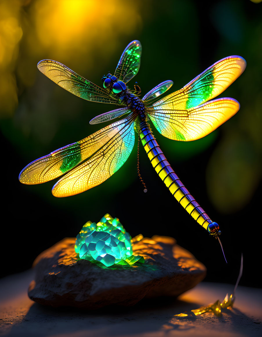 Vibrant dragonfly on rock near glowing crystal structure in dark background