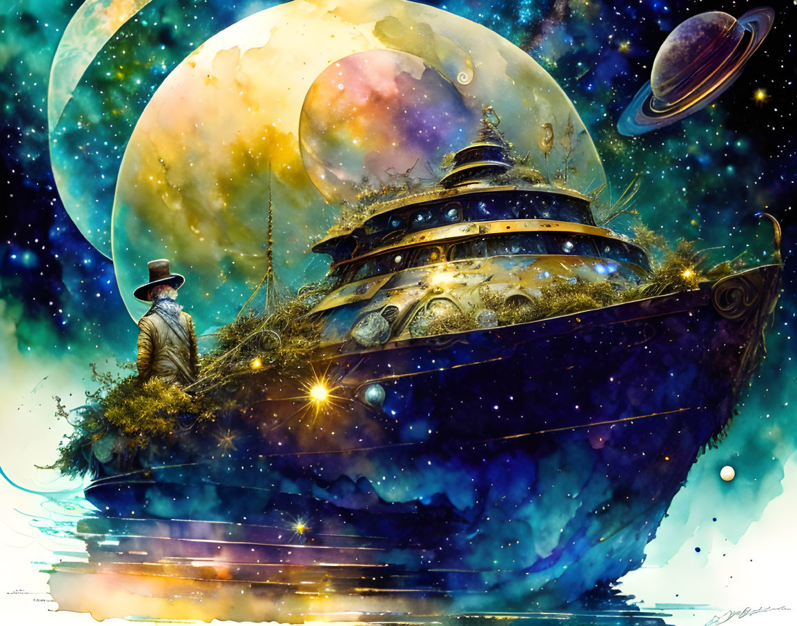 Person in hat on spaceship with cosmic backdrop and planets.