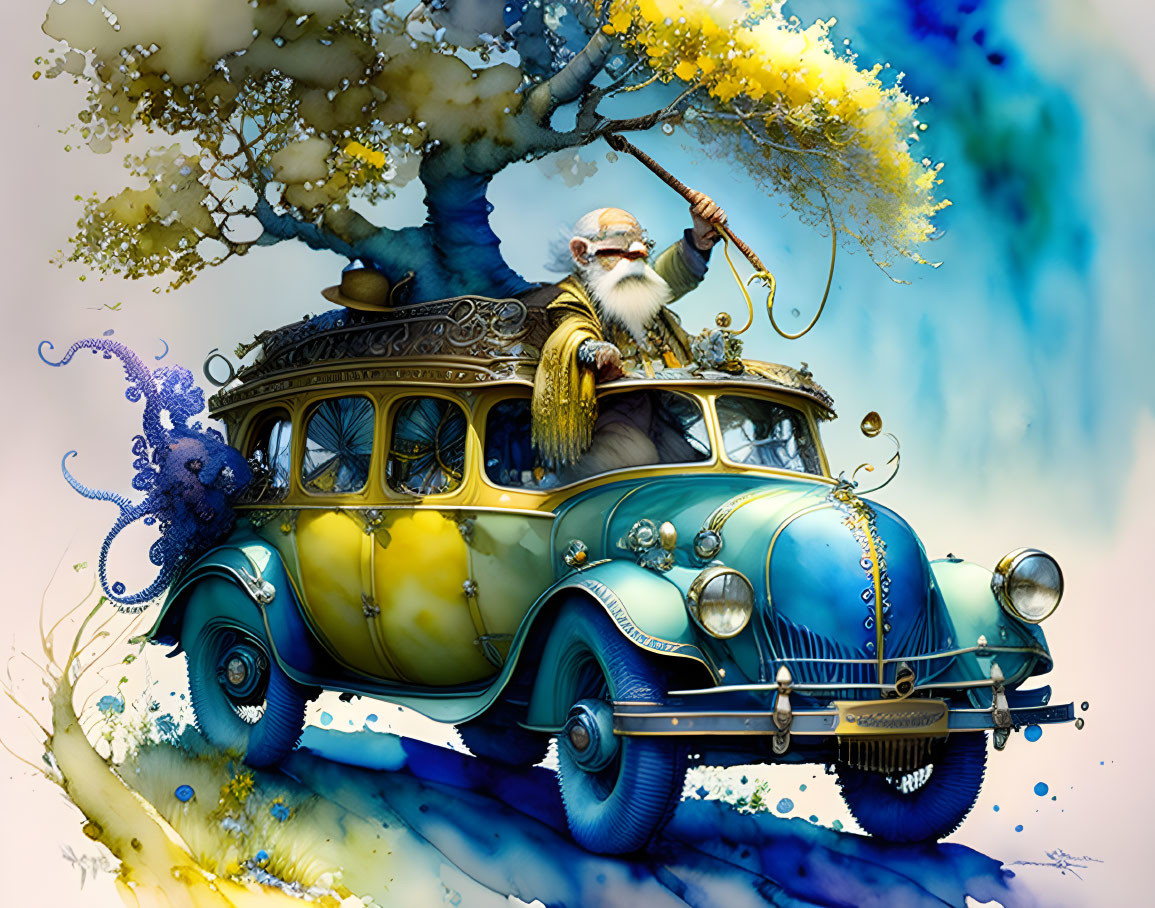 Elderly wizard fishing on vintage car with octopus under whimsical tree