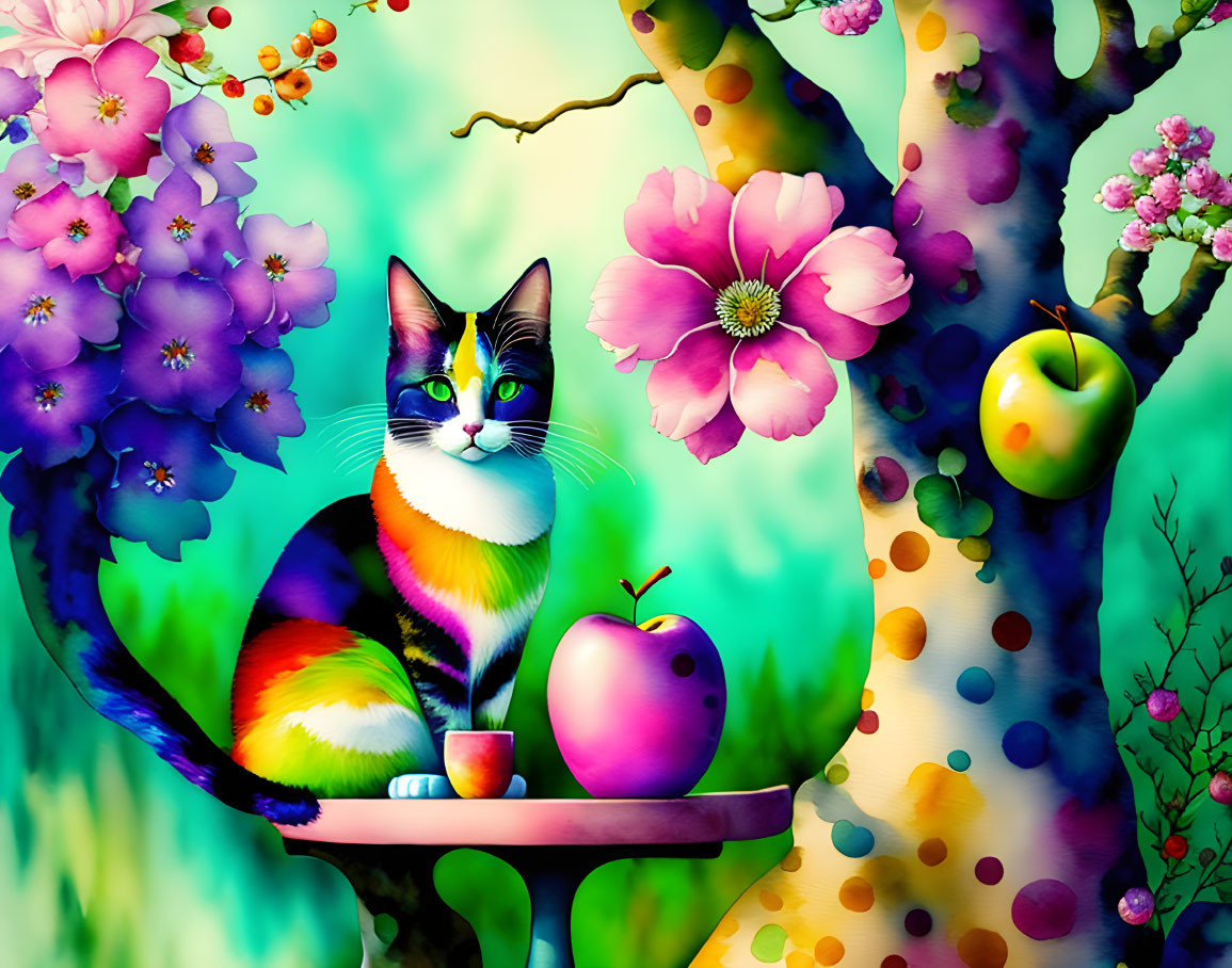 Colorful Stylized Cat with Apple on Shelf and Whimsical Background