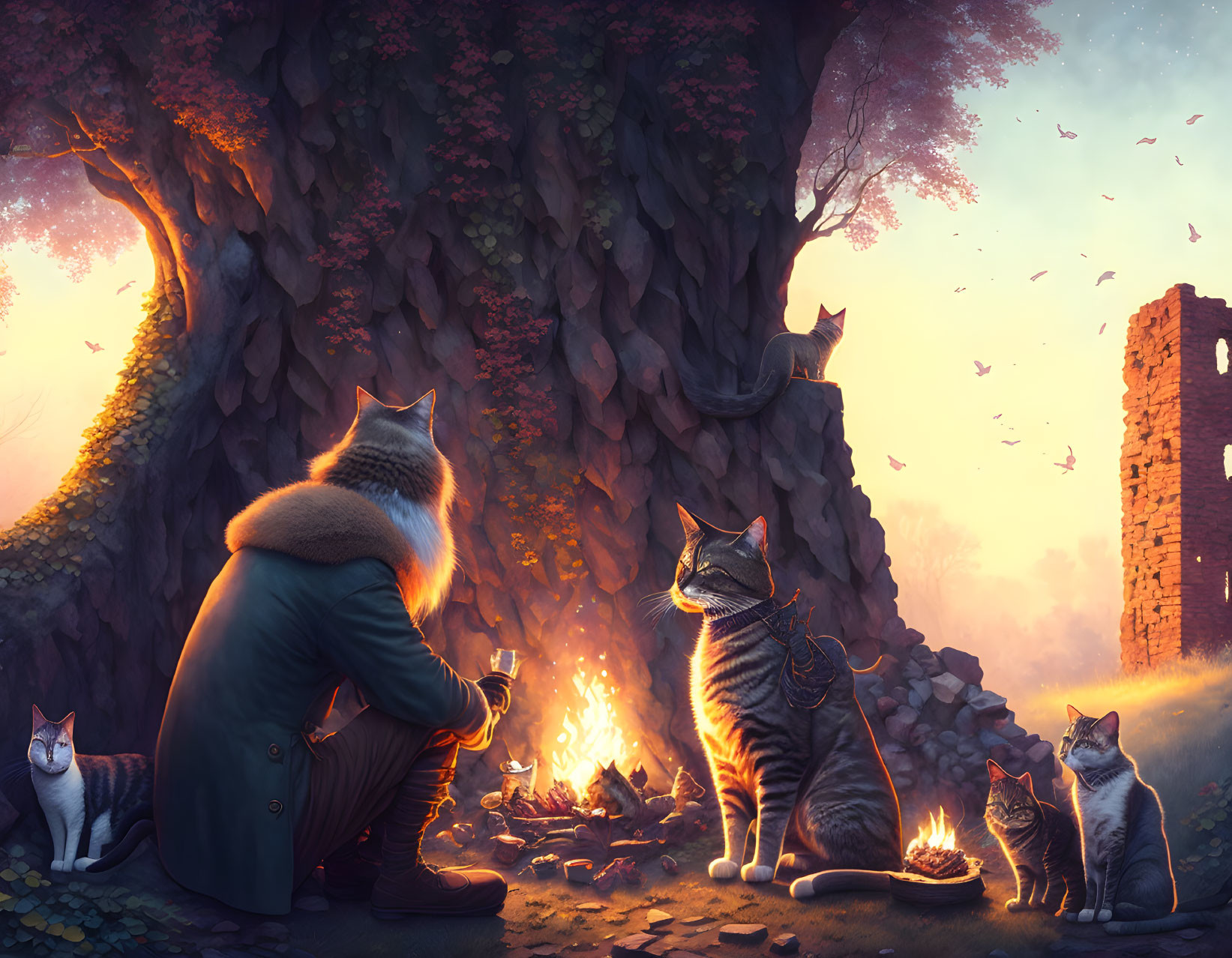 Anthropomorphic fox with cats by campfire in mystical forest at sunset