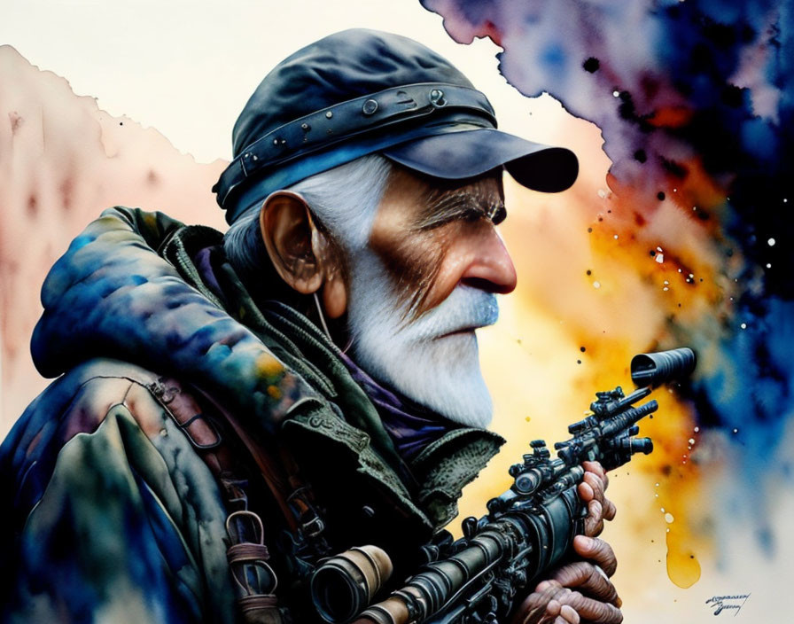 Elder Man Portrait with Sniper Rifle and Abstract Background