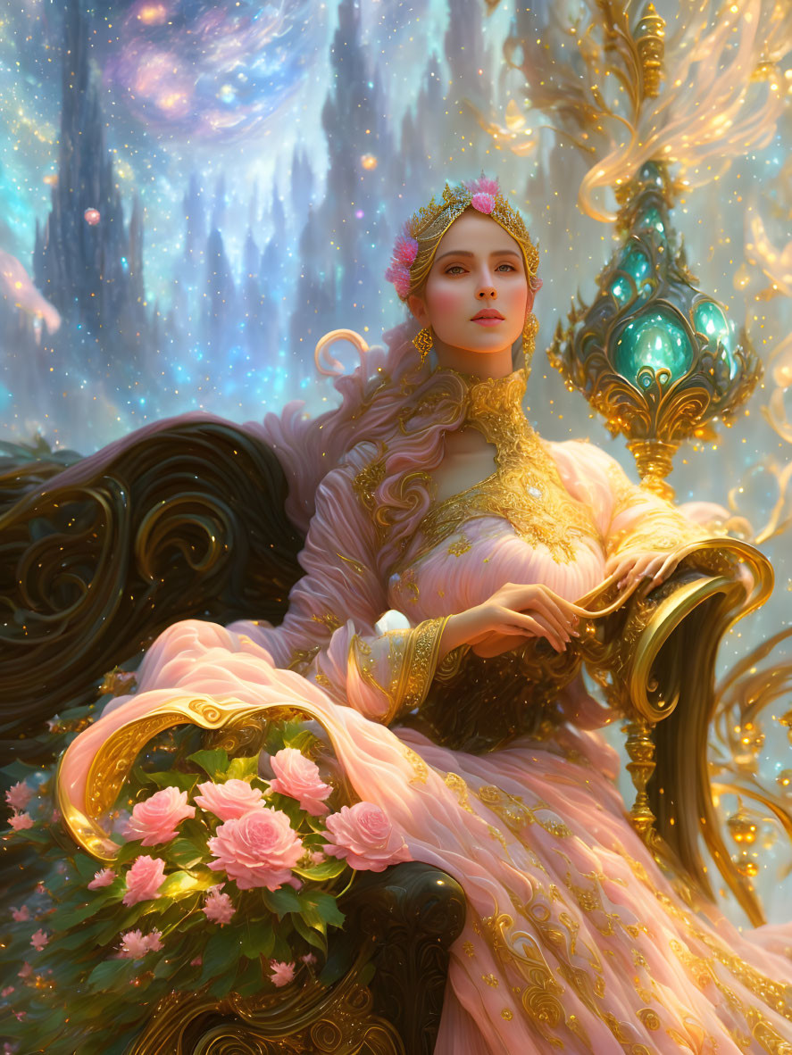 Regal woman in golden gown on ornate throne with roses bouquet against celestial backdrop