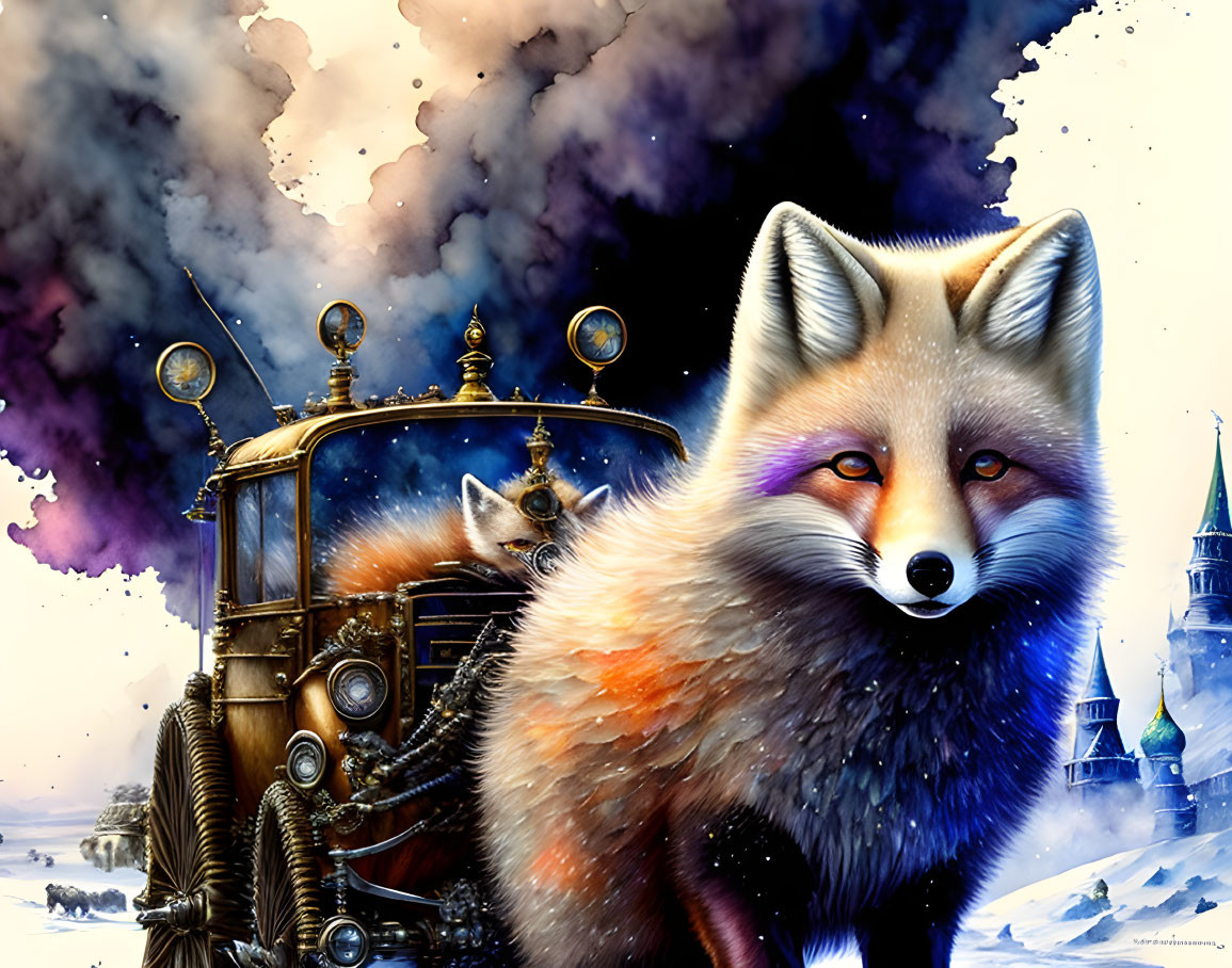 Detailed Fox in Snowy Landscape with Steampunk Vehicle and Castle