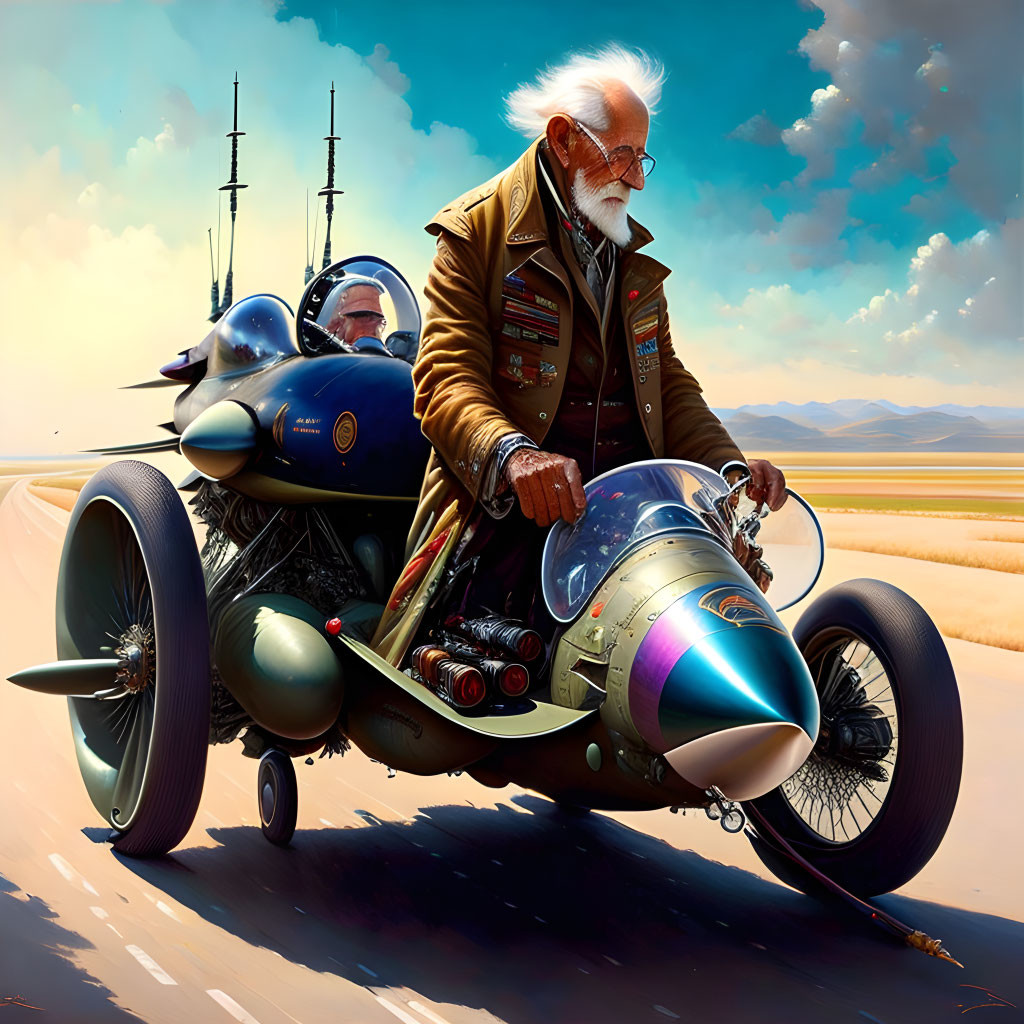 Elderly man in pilot jacket on rocket-powered sidecar motorcycle in desert