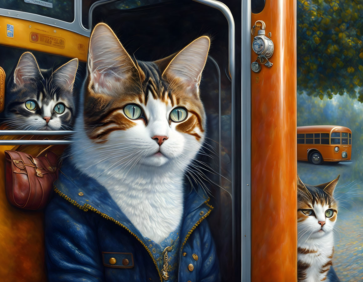 Anthropomorphic cat in blue jacket on bus with two others looking at passing yellow school bus