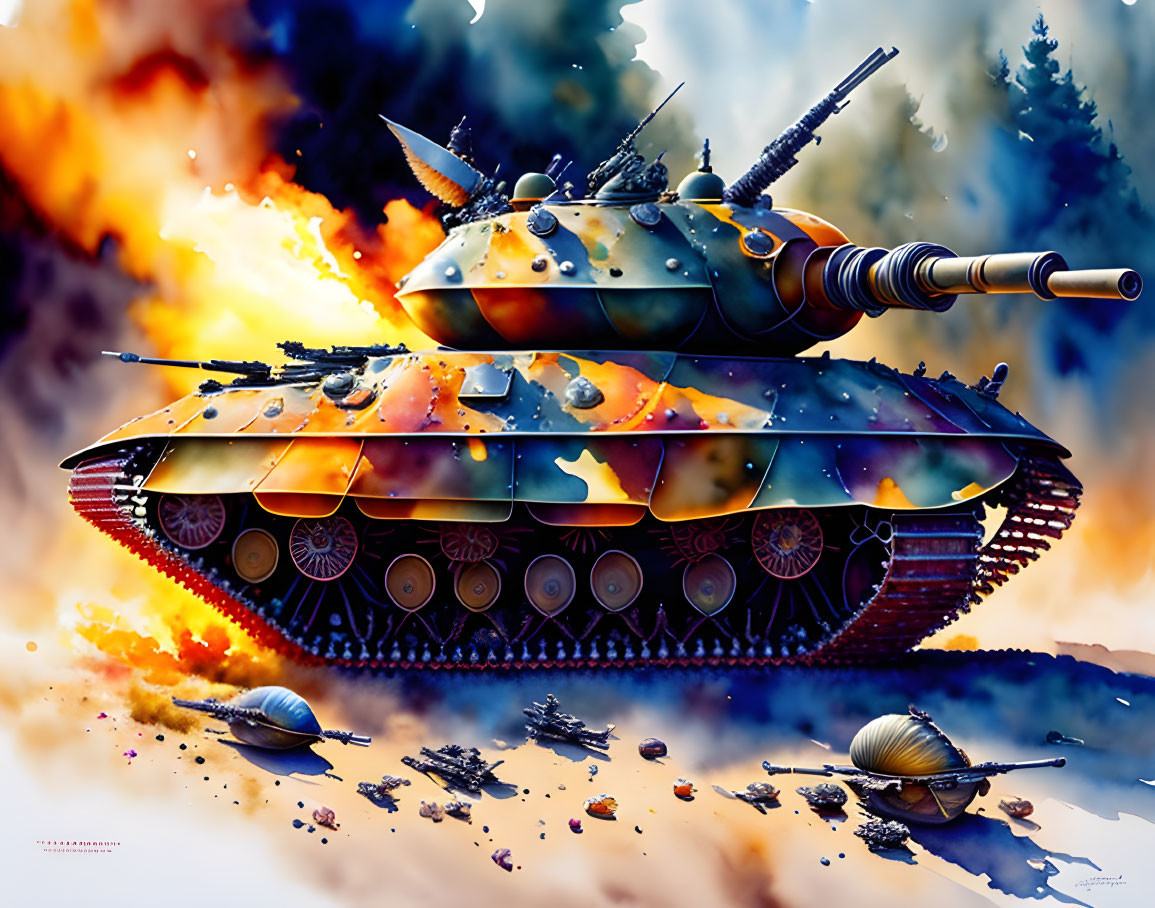 Illustrated futuristic tank with multiple cannons and treads on blazing battlefield with oversized snails