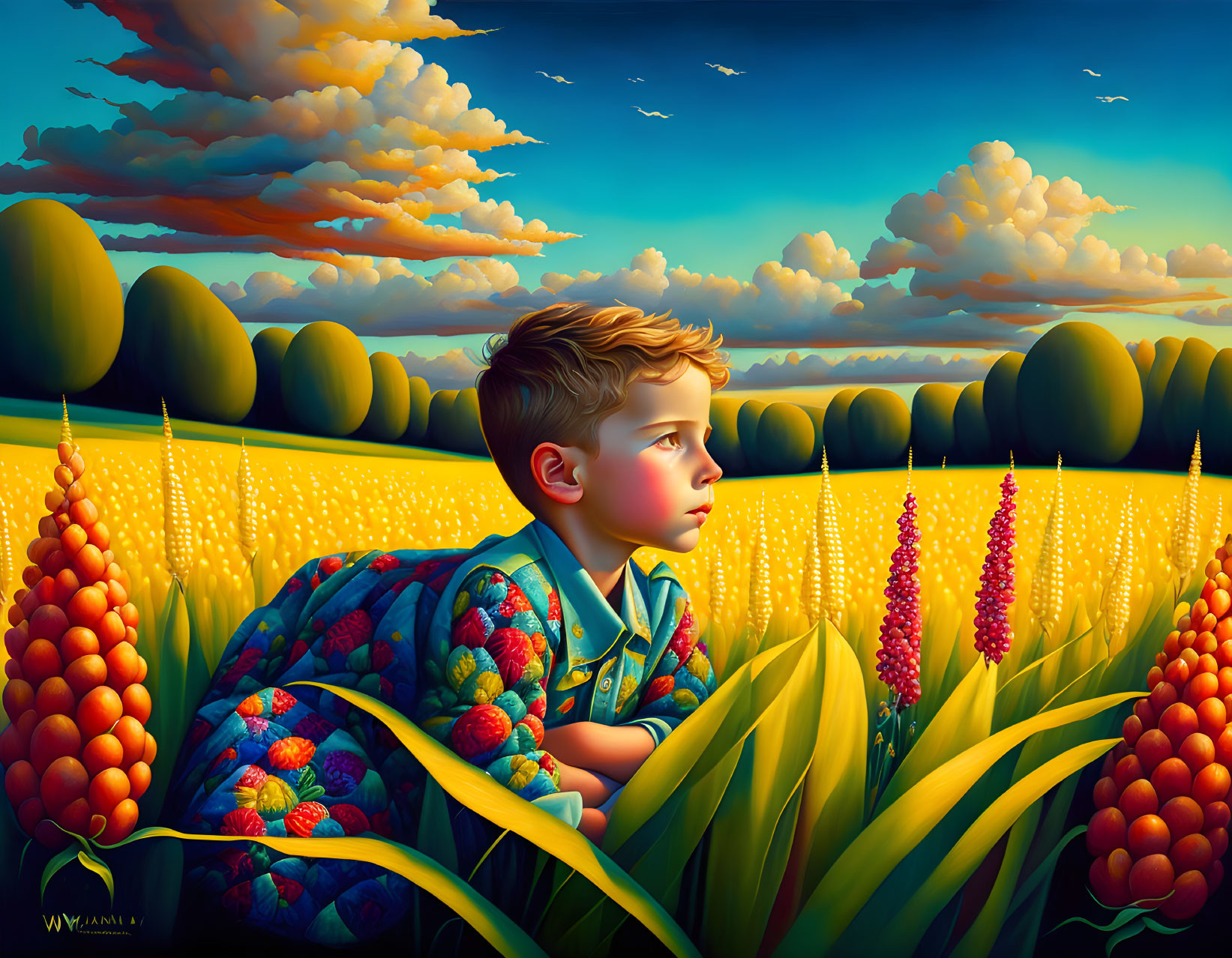 Vibrant field scene with a young boy in colorful shirt