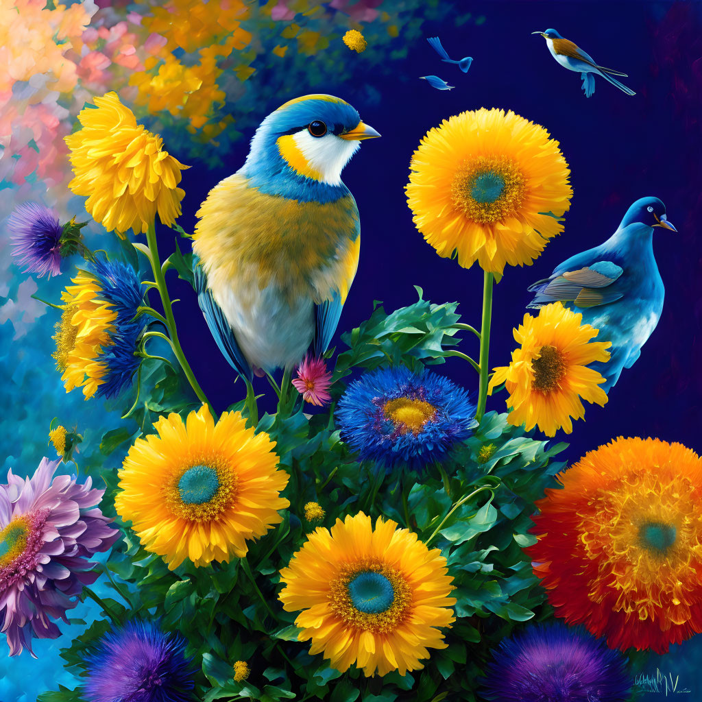 Colorful Birds Perched Among Flowers on Vibrant Background