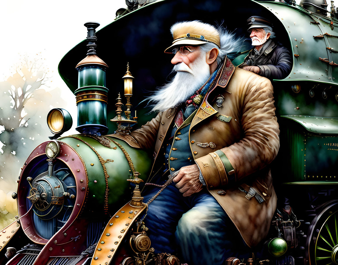 Elderly gentlemen in vintage attire on ornate green steam train