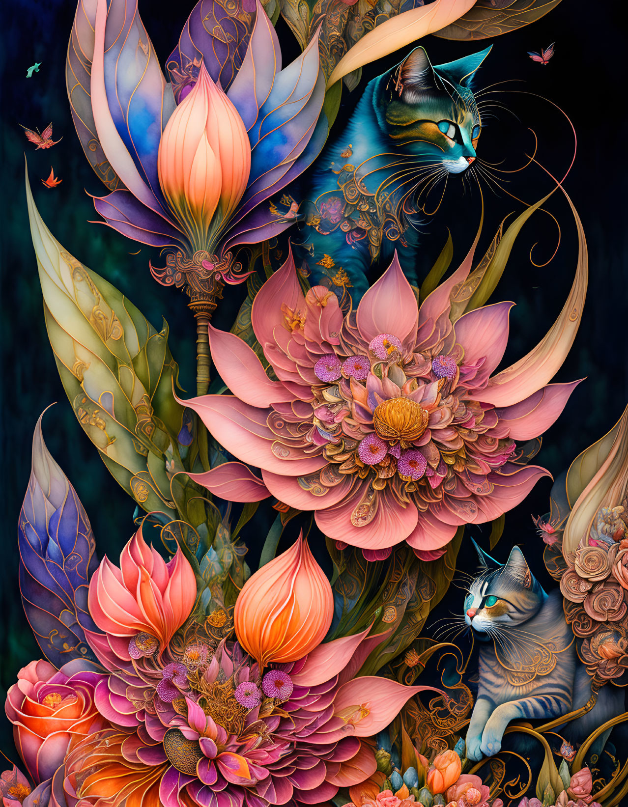 Colorful digital artwork: Oversized flowers and ethereal cats on dark backdrop