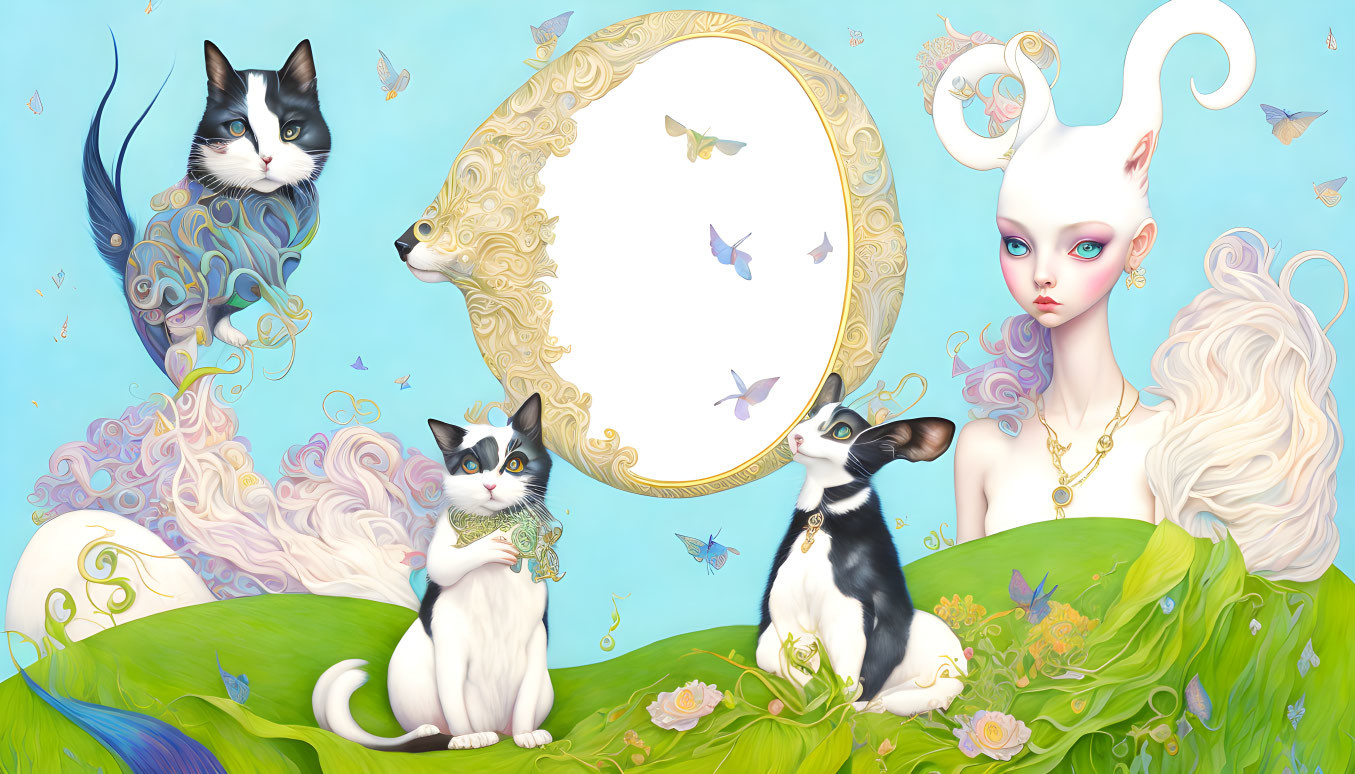 Whimsical illustration of a pale-skinned woman with cats in a magical setting