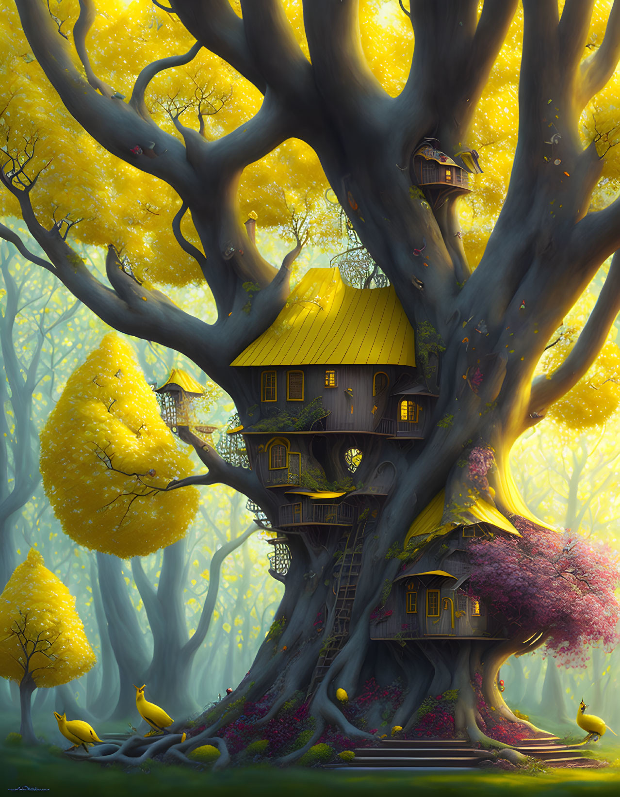 Illustration of whimsical treehouse in giant tree with forest, yellow foliage, pink blossoms,