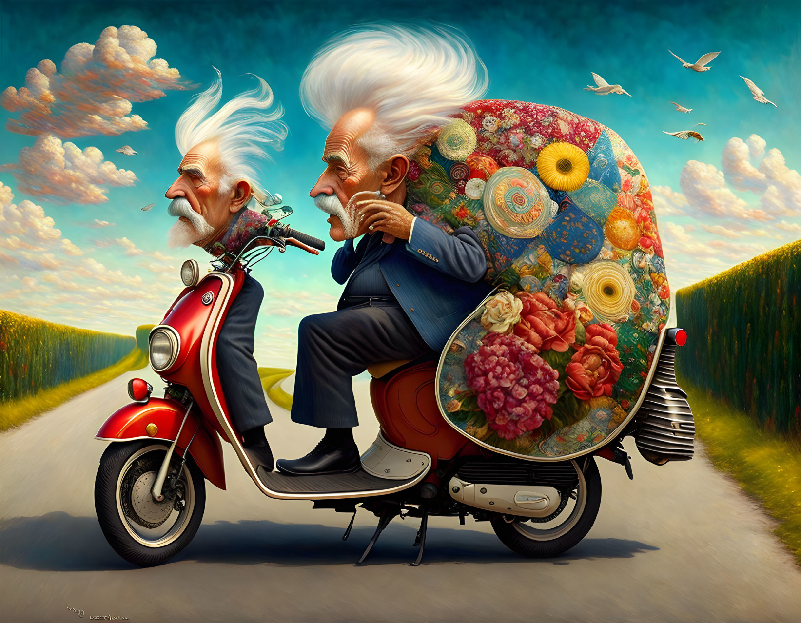 Elderly men with long white beards on red scooter with sidecar full of flowers