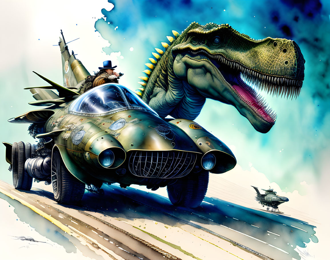 Anthropomorphic Dinosaur Piloting Retro-Futuristic Jet Car