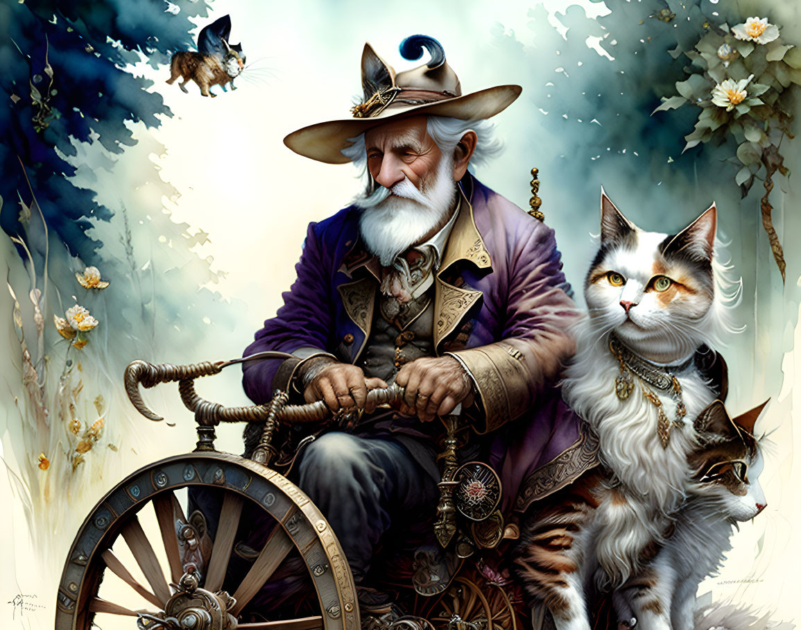 Elderly man in cowboy hat with cat under flowering tree