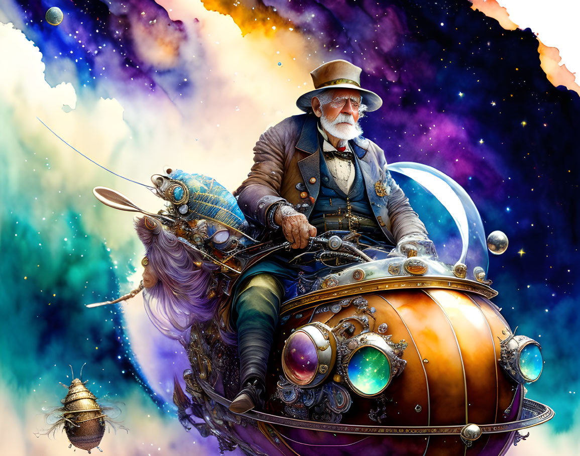 Elderly adventurer in steampunk attire pilots submarine in cosmic void