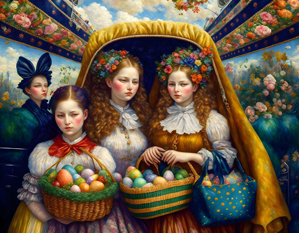 Four girls in vintage dresses with floral headpieces posing with Easter eggs under ornate canopy