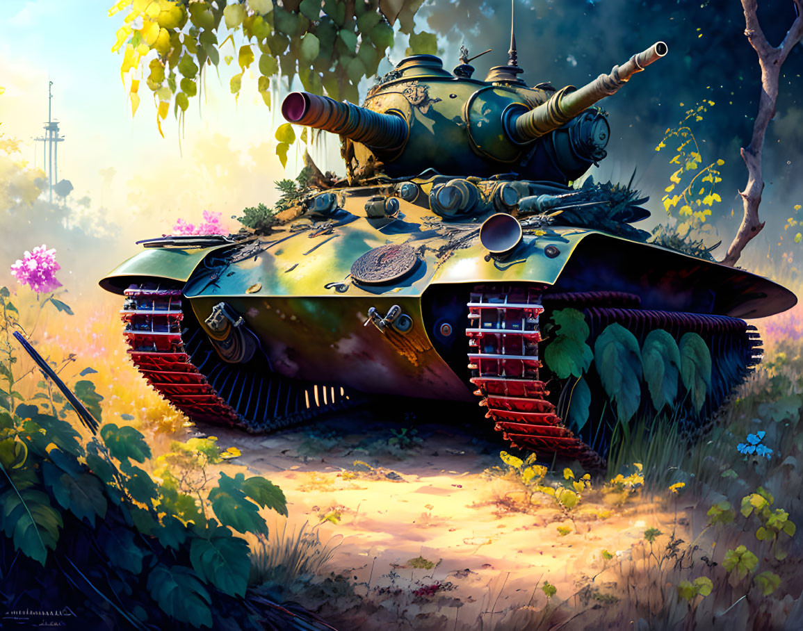 Armored green military tank in serene forest clearing