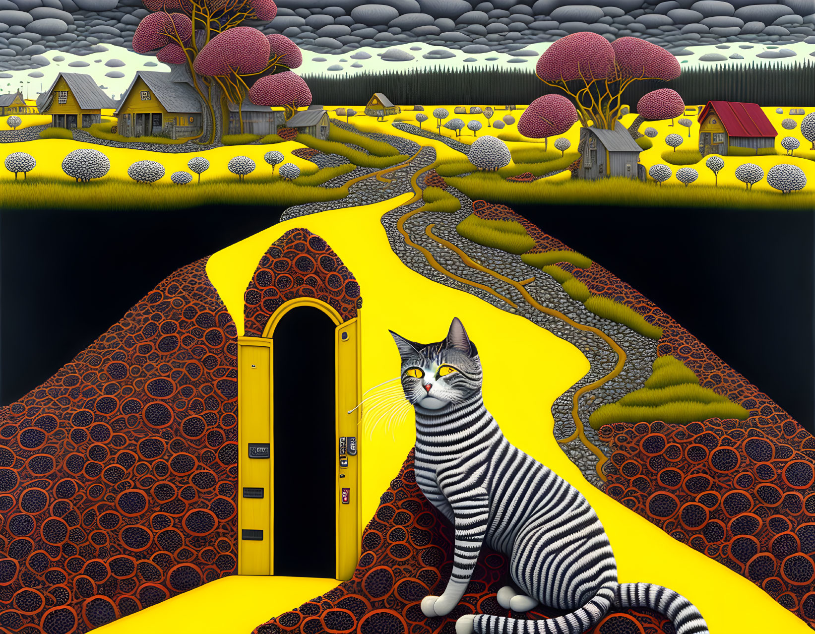 Surreal landscape featuring striped cat, yellow roads, patterned hills, whimsical houses under gray