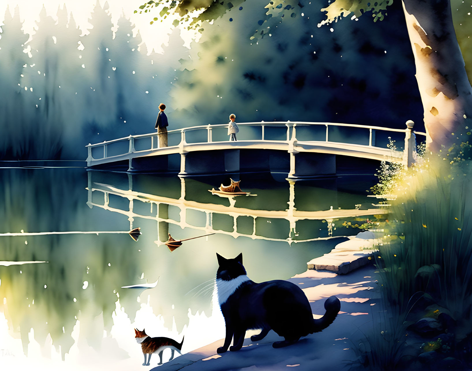 Tranquil scene: Two figures on bridge, cats by lake, fish jumping in forest.