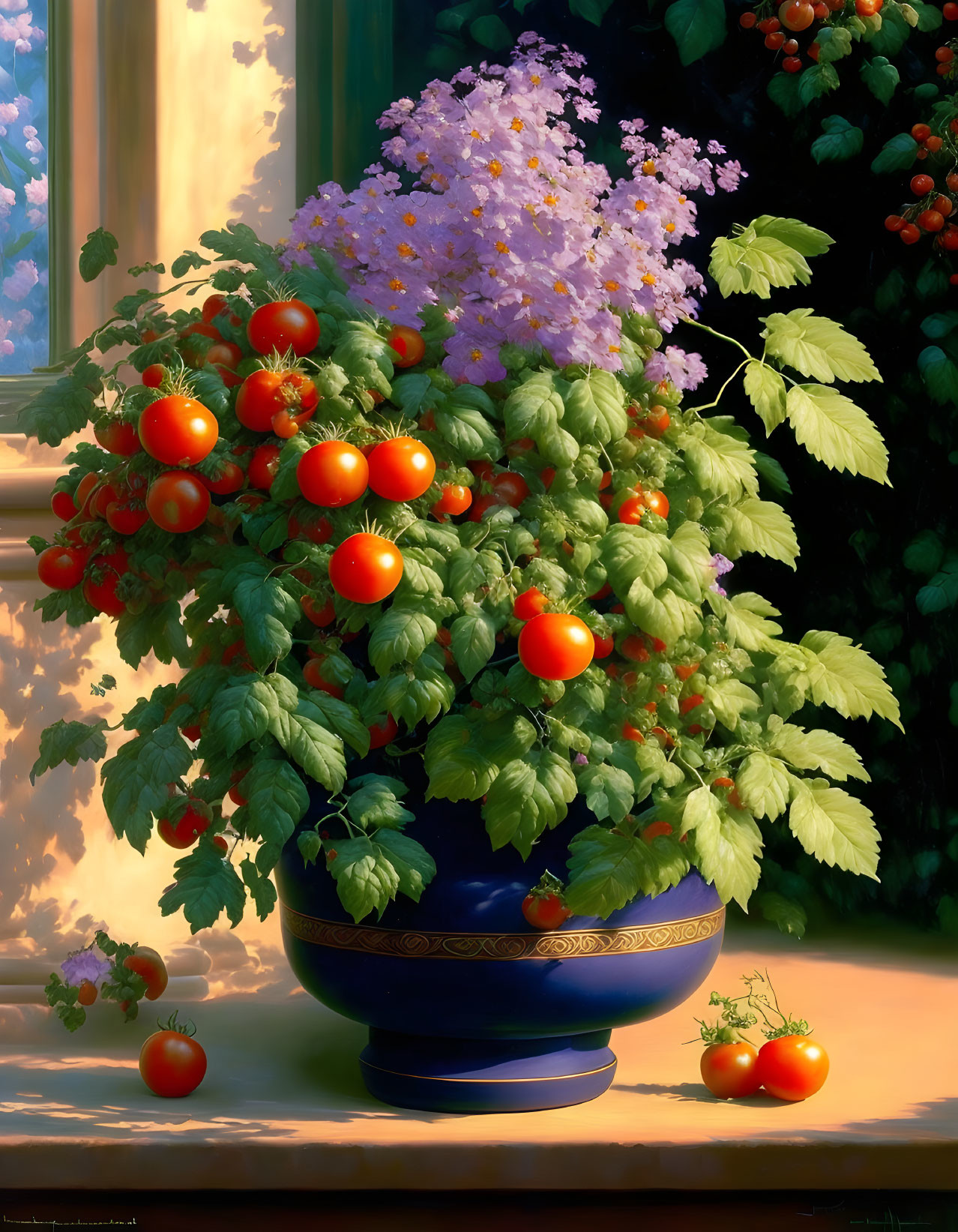 Colorful Still Life: Ripe Tomatoes & Purple Flowers in Blue Pot