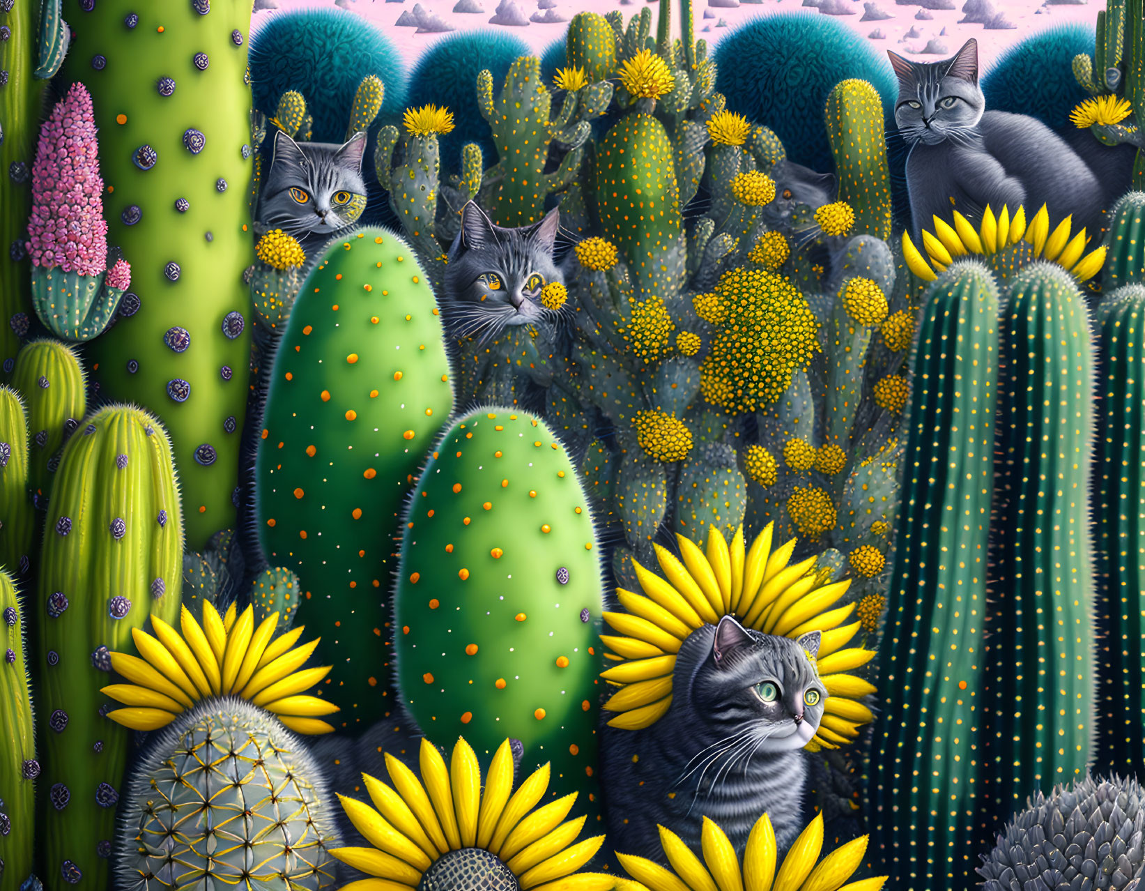 Grey Cats with Green Cacti and Yellow Flowers on Desert Landscape