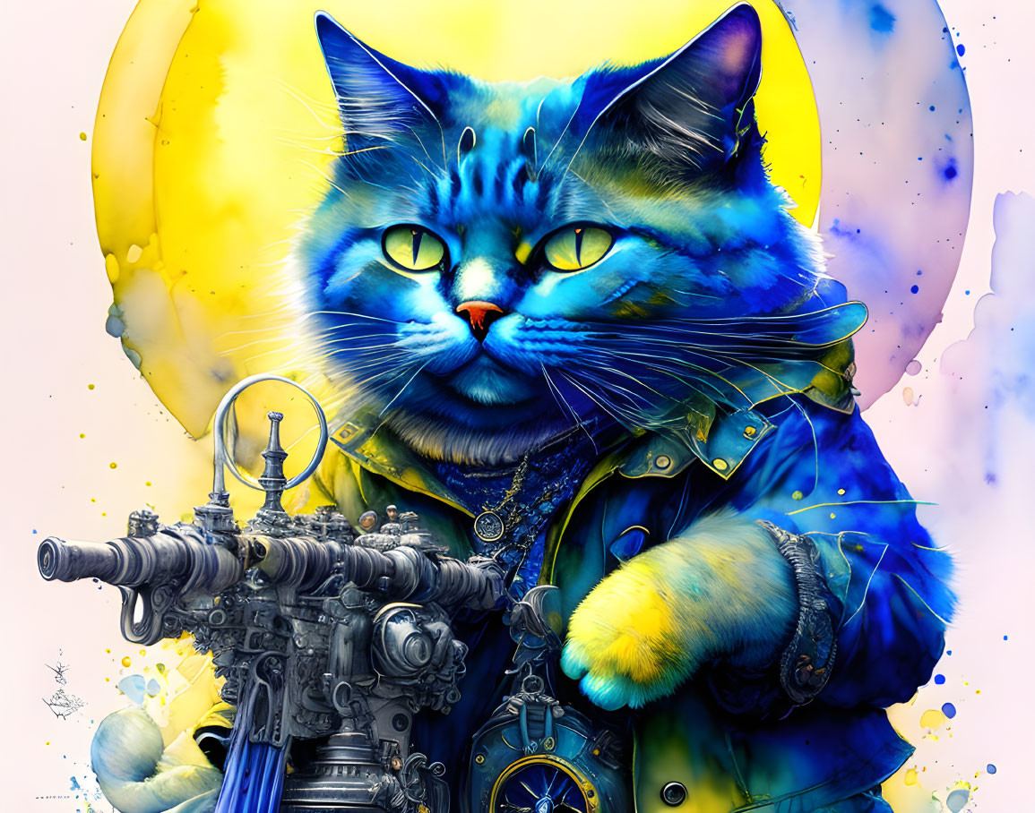 Colorful Steampunk Blue Cat Illustration with Military Jacket and Machine Gun