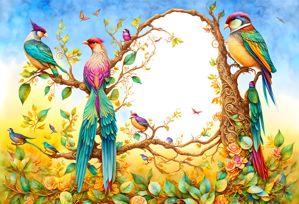 Colorful Birds on Ornate Tree Branches with Blue Sky Background