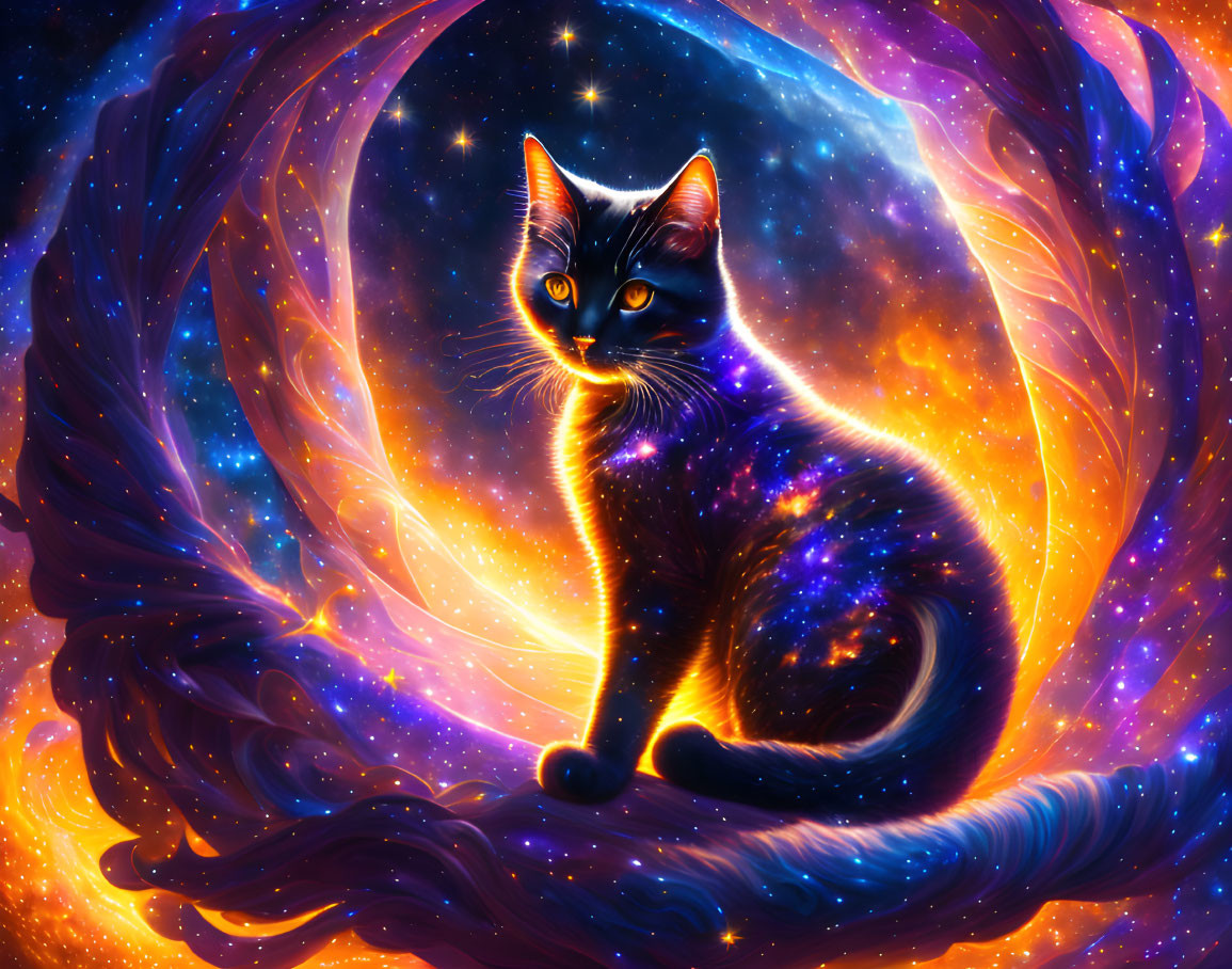 Cosmic Cat Illustration with Stars and Nebulae Patterns