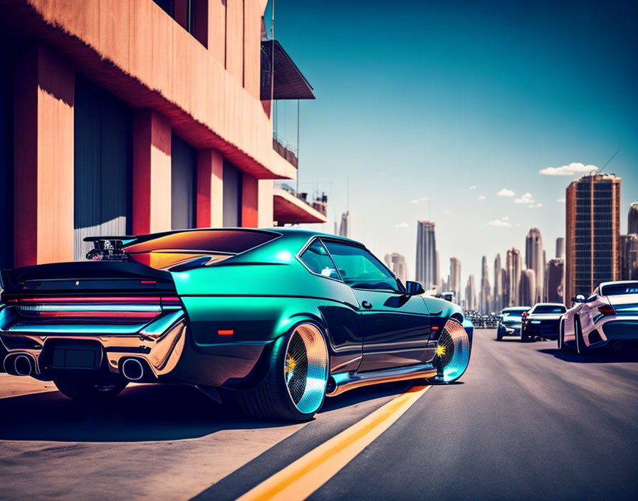 Colorful Retro-Futuristic Sports Car in Urban Setting