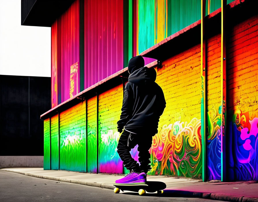 Person in Black Hoodie Skateboarding by Vibrant Graffiti Wall