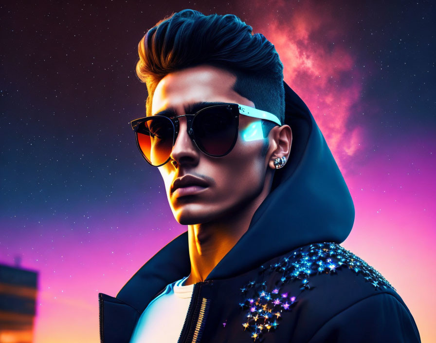 Fashionable man in star-detail jacket and sunglasses against vibrant dusk sky